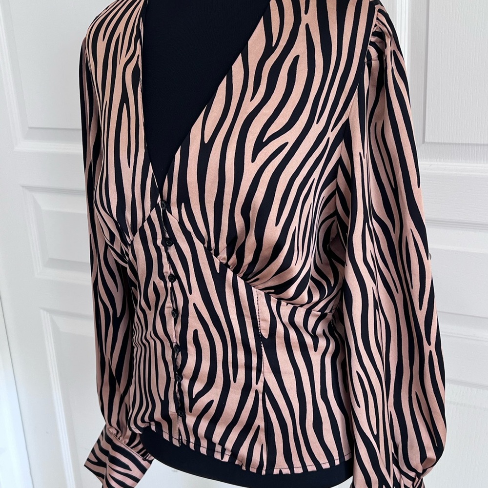 Vera & Lucy Animal Print Button Blouse Beige Black Balloon Long Sleeve Women L